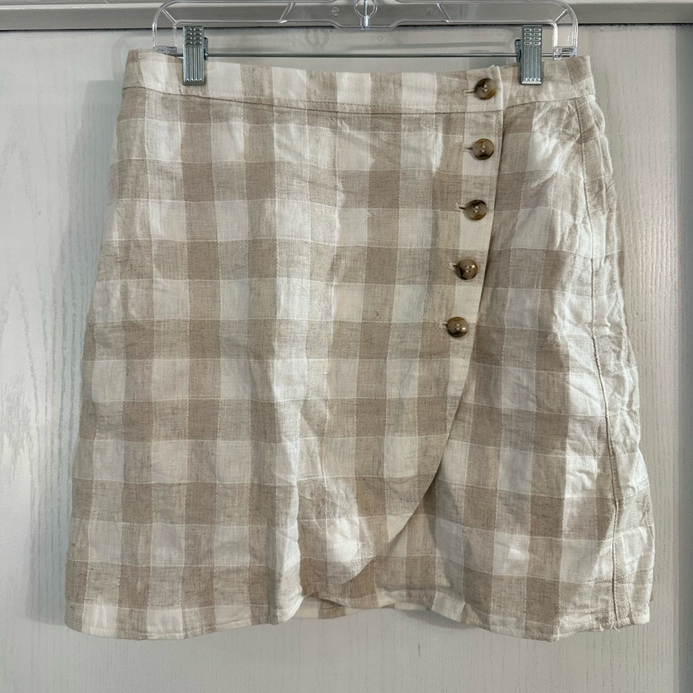 Madewell Beige and White Checked Wrap Mini Skirt with Button Detail